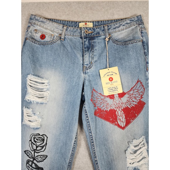 NWT Red Jeans NYC Graffiti Distressed High Waisted Denim Straight Leg Size 12 - Picture 2 of 15